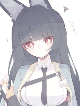 2girls absurdres animal_ear_fluff animal_ears aqua_jacket arm_out_of_sleeve belle_(zenless_zone_zero) black_hair black_necktie breasts closed_mouth commentary fingerless_gloves flying_sweatdrops fox_ears fox_girl gloves head_tilt highres holding_hands hoshimi_miyabi id_card jacket large_breasts long_hair looking_at_viewer motion_lines multiple_girls necktie orange_gloves pov pov_hands red_eyes shirt simple_background single_fingerless_glove sweat symbol-only_commentary upper_body white_background white_shirt yuri zenless_zone_zero zzzii0