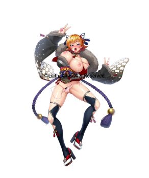 1girl ahegao alternate_costume blonde_hair breasts breasts_out cameltoe choker cleavage corruption crazy_smile curvy dress fingernails highres igawa_sakura kagami_hirotaka large_breasts lilith-soft looking_at_viewer nipples official_alternate_costume pussy_juice revealing_clothes saliva shiny_skin short_dress short_hair simple_background smile solo sweat sweatdrop taimanin_(series) taimanin_asagi taimanin_rpgx thong tongue tongue_out v wide_hips