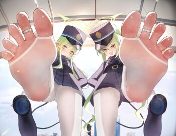 2girls :d black_footwear black_hat black_jacket black_necktie black_shorts black_skirt black_tail blue_archive blush bridal_legwear buttons closed_mouth demon_girl demon_tail dot_nose earrings feet foot_focus foot_out_of_frame foot_up foreshortening green_hair green_halo hair_between_eyes halo hat highres hikari_(blue_archive) holding holding_shoes holding_unworn_clothes indoors jacket jewelry legs loli long_hair long_sleeves looking_at_viewer multiple_girls necktie no_shoes nozomi_(blue_archive) open_mouth pantyhose peaked_cap pleated_skirt pointy_ears police_hat presenting_foot shoes shorts siblings sidelocks sisters skirt smell smile soles split_mouth spread_toes standing standing_on_one_leg steaming_body stirrup_legwear tail toe_ring toeless_legwear toes twins twintails unworn_shoes ursica variant_set very_long_hair white_pantyhose yellow_eyes yellow_halo