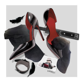 1girl bar_censor belt belt_buckle black_belt black_collar black_feathers black_footwear black_gloves border breasts buckle censored censored_identity collar feathers gloves grey_background grey_hair half_gloves high_heels highres large_breasts long_hair multiple_belts official_alternate_costume outside_border photo_(object) red_footwear shirt shoes simple_background solo stiletto_heels white_border xnnagu