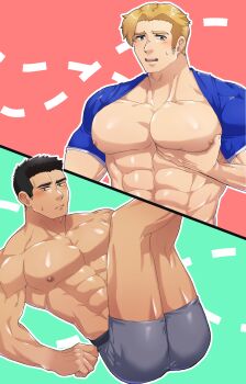 2boys abs ao_isami ass bara black_hair blonde_hair clothes_lift couple facial_hair highres hisashira large_pectorals lewis_smith male_focus multiple_boys muscular muscular_male nipples pectorals presenting presenting_ass presenting_pectorals shirt_behind_neck shirt_lift sideburns_stubble split_screen stubble thick_eyebrows yaoi yuuki_bakuhatsu_bang_bravern