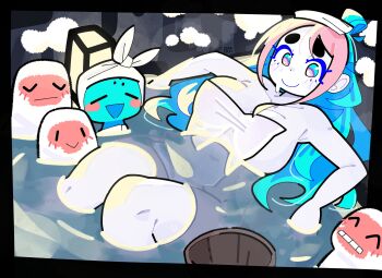 bathing blue-chan_(bourbunbun) blue_eyes blue_hair bourbunbun breasts bucket colored_eyelashes colored_skin covering_privates creature hair_bun highres large_breasts monkey multicolored_hair naked_towel nude_cover onsen original partially_submerged pink_eyes pink_hair rock shared_bathing short_eyebrows steam towel towel_on_head two-tone_hair water wet_towel white_skin wooden_bucket