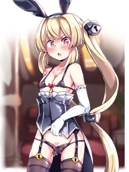 1girl :o animal_ears bare_shoulders black_corset black_panties blonde_hair blush bow breasts corset cosmic_break fake_animal_ears feuille_vert garter_straps gloves hair_ornament highres keyhole long_hair looking_at_viewer medium_breasts panties rabbit_ears red_eyes string_bra thighhighs twintails underwear vert_(neptunia) very_long_hair white_gloves yuka_danbow
