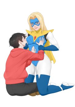 1boy 1girl absurdres blonde_blazer blonde_hair blue_boots blue_eyes blue_gloves blue_leotard blue_mask bodysuit boots breast_sucking breasts cape chun-li_fan commission commissioner_upload dispatch gloves grabbing_another&#039;s_breast groping guided_breast_grab guiding_hand hand_on_another&#039;s_stomach highres kiss kissing_breast kneeling leotard lipstick makeup medium_breasts self-insert short_cape simple_background smile spandex superhero_costume thick_thighs thigh_boots thighhighs thighs white_background yellow_cape