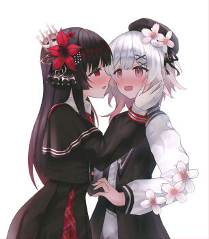 2girls black_dress black_hair black_hat blush commentary dress flower glazearty gloves gradient_hair hair_flower hair_ornament hand_on_another&#039;s_face hat highres looking_at_another mahou_shoujo_no_majo_saiban multicolored_hair multiple_girls nikaido_hiro open_mouth pink_eyes pink_flower pink_hair red_eyes red_flower sakuraba_ema shirt short_hair simple_background smile white_background white_gloves white_shirt yuri