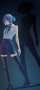 absurdres black_choker black_ribbon black_shorts black_thighhighs blue_hair bomb_devil_(chainsaw_man) chainsaw_man choker circles_pen collared_shirt different_shadow green_eyes hair_bun highres neck_ribbon reze_(chainsaw_man) ribbon shadow shirt shorts sleeveless sleeveless_shirt thighhighs white_shirt
