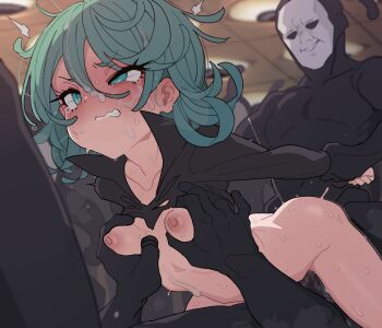 1girl 2boys anal black_dress breasts censored clenched_teeth collarbone cum cum_on_body cum_on_stomach double_penetration dress facial grabbing_another&#039;s_breast green_eyes green_hair groping group_sex hetero highres indoors kakure_eria loli long_sleeves medium_hair mmf_threesome mosaic_censoring multiple_boys nipples one-punch_man open_clothes open_dress paid_reward_available parted_lips penis rape sex small_breasts sweat tatsumaki tearing_up tears teeth threesome uneven_eyes vaginal