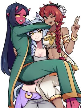 3girls animal_ear_fluff animal_ears bare_shoulders black_eyes black_hair braid breasts carrying carrying_person cat_ears cat_girl cleavage closed_mouth coat collarbone colored_skin commentary commission crop_top dark-skinned_female dark_skin demon_girl demon_horns double-parted_bangs dress english_commentary flower gem green_coat green_dress grey_hair hair_flower hair_ornament hand_up highres horns hug jewelry long_hair long_sleeves looking_at_viewer medium_breasts midriff multiple_girls navel one_eye_closed oninuer open_mouth original pants parted_bangs pointy_ears red_gemstone red_hair red_skin ring simple_background smile solid_eyes straight_hair v white_background white_flower white_pants yellow_eyes