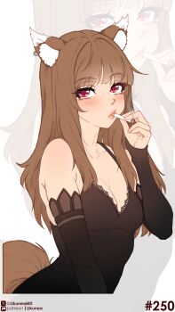 1girl absurdres animal_ear_fluff animal_ear_piercing animal_ears black_sleeves blunt_bangs blush breasts brown_hair cigarette cleavage commentary detached_sleeves english_commentary fang highres holding holding_cigarette holo likunea lipstick long_hair makeup medium_breasts patreon_logo patreon_username red_eyes sidelocks simple_background small_breasts smoking solo solo_focus spice_and_wolf tail twitter_username twitter_x_logo wolf_ears wolf_girl wolf_tail zoom_layer