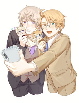 Rule 34 | > o, 2boys, ahoge, america (hetalia), artist name, axis powers hetalia, black jacket, black pants, blonde hair, blue necktie, blush, brown jacket, brown pants, brown vest, buttons, cellphone, character doll, collared shirt, commentary request, cowboy shot, doll, formal clothes, glasses, grey-framed eyewear, grey hair, hair between eyes, hand up, hands up, harutoro 39487, highres, holding, holding doll, holding phone, jacket, lapels, long sleeves, looking at another, looking at phone, male focus, multiple boys, necktie, one eye closed, open mouth, pants, phone, pocket, purple eyes, purple necktie, russia (hetalia), scarf, semi-rimless eyewear, shirt, short hair, simple background, smartphone, smile, standing, star (symbol), suit, suit jacket, taking picture, teeth, vest, white background, white scarf, white shirt