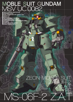 Rule 34 | absurdres, cable, character name, commentary, glowing, glowing eye, grid background, gun, gundam, gundam 0083, highres, holding, holding weapon, katoki hajime (style), ke yukikaze, machine gun, mecha, mecha focus, mobile suit, mobile suit gundam, no humans, one-eyed, one-eyed mecha, original, radio antenna, red eyes, redesign, robot, science fiction, shield, shoulder spikes, spikes, stats, weapon, zaku ii, zaku ii f2, zeon
