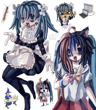 2girls ackchyually_(meme) ahoge animal_ears apron asymmetrical_sleeves blue_eyes blue_hair bracelet bug cat_ears centipede chibi colored_sclera computer covamiii fusion gloves highres jewelry laptop maid_apron maid_headdress meme mismatched_pupils mismatched_sailor_collar mismatched_sleeves moetron monitor multiple_girls nerd_emoji puzzle_piece red_sclera short_twintails signature stoned twintails wikipe-tan wikipedia wizard