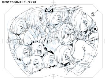 bags_under_eyes blush collarbone comiket_84 eyeball flower food food-themed_hair_ornament fork fruit furby ghost hair_flower hair_ornament hair_over_one_eye idolmaster idolmaster_cinderella_girls long_sleeves multiple_girls ofuro_mantarou pumpkin_hair_ornament shirasaka_koume sketch skull sleeves_past_fingers sleeves_past_wrists watermelon