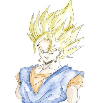1boy 1rasutotoukou absurdres blonde_hair blue_shirt dragon_ball dragonball_z earrings green_eyes highres jewelry looking_at_viewer male_focus medium_hair muscular muscular_male orange_shirt potara_earrings shirt simple_background smirk solo spiked_hair super_saiyan super_saiyan_1 upper_body vegetto white_background