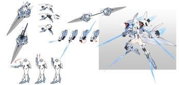 Rule 34 | absurdres, arm armor, bare shoulders, blue eyes, concept art, detached sleeves, energy weapon, headgear, highres, leotard, mecha musume, short hair, signature, sky saber (starward), starward, thighs, thrusters, twitter username, white hair, zhu fun