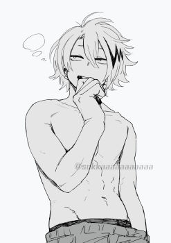 Rule 34 | 1boy, biting own finger, boku no hero academia, collarbone, commentary, dkyoudai, double-parted bangs, finger in own mouth, groin, hair between eyes, hand in pants, highres, kaminari denki, looking to the side, male focus, male underwear, multicolored hair, navel, sanpaku, solo, streaked hair, symbol-only commentary, teeth, topless male, twitter username, underwear