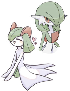 2girls ^_^ arms_at_sides blush bob_cut closed_eyes closed_mouth colored_skin cropped_torso dot_mouth female_focus flat_chest full_body gardevoir gen_3_pokemon green_hair green_skin hair_over_one_eye happy heart kirlia kneeling light_blush medium_hair multicolored_skin multiple_girls nintendo one_eye_covered open_mouth pokemon pokemon_(creature) red_eyes short_hair sidelocks simple_background sitting smile suzu_(pixiv_32232702) two-tone_skin upper_body white_background white_skin