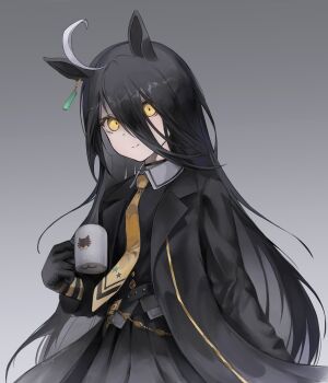 1girl absurdres ahoge animal_ears black_choker black_coat black_gloves black_hair black_shirt black_skirt choker closed_mouth coat coffee_mug collared_shirt cup dio_dio ear_tag earrings gloves hair_between_eyes highres holding holding_cup horse_ears horse_girl jewelry long_bangs long_hair long_hair_between_eyes long_sleeves looking_at_viewer manhattan_cafe_(creeping_black)_(umamusume) manhattan_cafe_(umamusume) mug multicolored_hair necktie shirt single_earring skirt smile solo umamusume very_long_hair white_hair yellow_eyes yellow_necktie