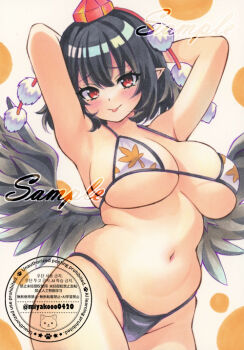 1girl :p alternate_breast_size_(larger) alternate_costume arms_up bikini bird_wings black_bikini black_hair black_wings blush breasts closed_mouth commentary_request hat large_breasts leaf_print looking_at_viewer maple_leaf_print mismatched_bikini miyakooo0420 navel pointy_ears pom_pom_(clothes) print_bikini red_eyes red_hat sample_watermark shameimaru_aya smile solo stomach swimsuit tokin_hat tongue tongue_out touhou traditional_media watermark white_bikini wings
