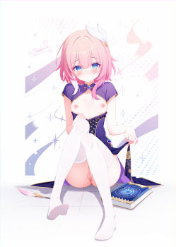 Rule 34 | 1girl, absurdres, alternate costume, as i've written (honkai: star rail), blue eyes, blush, book, breasts, china dress, chinese clothes, chinese commentary, closed mouth, commentary request, cyrene (honkai: star rail), cyrene (philia093) (honkai: star rail), dress, highres, honkai: star rail, honkai (series), looking at viewer, medium hair, multicolored hair, nipples, no panties, ohako miyu, pink hair, purple dress, pussy, short sleeves, simple background, sitting, small breasts, smile, thighhighs, twitter username, two-tone hair, uncensored, white hair, white thighhighs