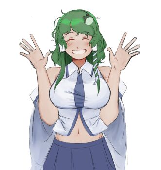 1girl ^_^ bare_shoulders blue_skirt breasts closed_eyes commentary cyanidegray detached_sleeves english_commentary facing_viewer frog_hair_ornament green_hair hair_ornament hair_tubes highres kochiya_sanae long_hair midriff navel shirt simple_background skirt sleeveless sleeveless_shirt smile solo touhou white_background white_shirt