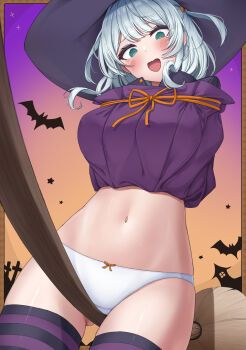 1girl @_@ absurdres aqua_hair asigaru3000 bat_(animal) bdsm black_hat bondage bound clothes_lift commentary_request cowboy_shot dress dress_lift embarrassed gluteal_fold gradient_sky halloween hat highres looking_down navel open_mouth orange_ribbon original panties purple_dress purple_thighhighs ribbon short_hair sky solo striped_clothes striped_thighhighs thighhighs two_side_up underwear white_panties witch_hat