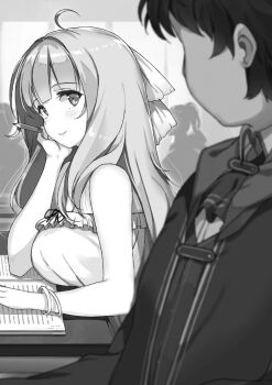 1boy 1girl ahoge arm_rest ascot blunt_bangs blurry blush breast_rest breasts breasts_on_table buta_koushaku camisole classroom closed_mouth collared_shirt desk elbow_rest frilled_camisole frills from_side greyscale hair_ribbon hand_on_own_cheek hand_on_own_chin hand_on_own_face head_rest holding holding_pen hooded_robe indoors karina_little_daris large_breasts lips long_hair long_sleeves looking_at_viewer monochrome nauribon notebook novel_illustration official_art pen pencil ribbon robe school school_desk school_uniform shirt silhouette sitting slow_denning smile tareme tented_shirt third-party_source upper_body very_long_hair