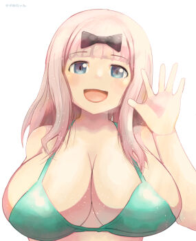 1girl amasuzume bikini black_bow blue_eyes bow breasts fujiwara_chika hand_up kaguya-sama_wa_kokurasetai_~tensai-tachi_no_renai_zunousen~ large_breasts looking_at_viewer open_mouth pink_hair salute swimsuit white_background