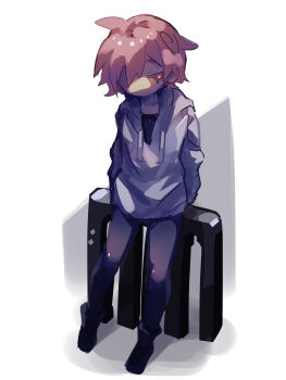 1boy absurdres bad_tag black_pants commentary_request full_body helmet highres hood hood_down hoodie leaning leaning_back long_sleeves looking_to_the_side male_focus one-eyed original pants pink_eyes pink_hair raito-kun_(uenomigi) short_hair sidelocks simple_background solo trap uenomigi white_background white_hoodie