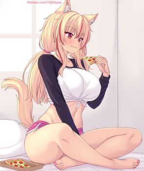 :3 animal_ears bed_sheet black_shirt blonde_hair breasts cat_ears closed_mouth crop_top dolphin_shorts eating food hair_between_eyes highres holding holding_food holding_pizza indian_style indoors large_breasts long_hair midriff multicolored_hair nail_polish navel nottytiffy on_bed original pink_nails pink_shorts pizza red_eyes red_hair shirt short_shorts shorts sidelocks sitting thighs tied_shirt tiffy_(nottytiffy) toenail_polish toenails two-tone_hair two-tone_shirt white_shirt