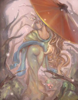 Rule 34 | animal ears, aqua eyes, artist request, ass, bare shoulders, flower, highres, inari, japanese clothes, kimono, long hair, oboro muramasa, profile, sash, solo, tree, umbrella, very long hair, wavy hair, yuzuruha