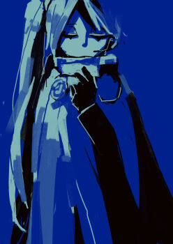 Rule 34 | 1boy, absurdres, badge, blue theme, cape, closed eyes, gloves, hand up, headphones, headset, highres, jacket, library of ruina, long hair, long sleeves, male focus, microphone, monochrome, multicolored hair, project moon, side ponytail, solo, streaked hair, surumenabe, very long hair, yan vismok