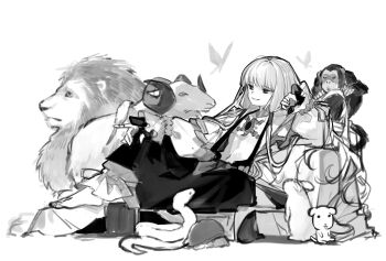 1boy bug butterfly dog fate/grand_order fate_(series) full_body greyscale hair_tubes highres insect jewelry lion long_hair long_sleeves low-tied_sidelocks male_focus monkey monochrome navel necklace noah_(third_ascension)_(fate) open_mouth pants robe sheep sidelocks sitting smile snake solo yamabuki_otk