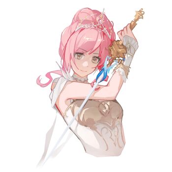 Rule 34 | 1girl, armor, bare shoulders, breastplate, brown eyes, chinese commentary, closed mouth, collar, commentary request, cropped torso, detached collar, dot nose, dress, earrings, eyelashes, eyes visible through hair, feather earrings, feathers, fighting stance, flower, frilled arm warmers, hair bun, happy, high collar, holding, holding sword, holding weapon, infinity nikki, jewelry, looking at viewer, melody bloom (infinity nikki), mianmianbujuexiao01828, nikki (nikki), nikki (series), off-shoulder dress, off shoulder, pink hair, rapier, rose, short hair with long locks, short sleeves, sidelocks, simple background, single hair bun, smile, solo, sword, tiara, updo, wavy hair, weapon, white arm warmers, white background, white collar, white dress, yellow flower, yellow rose