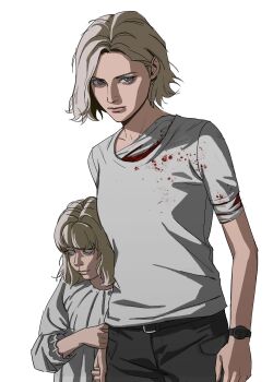 2girls absurdres arm_hug bandaged_arm bandaged_torso bandages blind blonde_hair blood blood_on_clothes bloody_bandages blue_eyes blunt_bangs bob_cut cataracts child commentary cowboy_shot emily_(resident_evil) english_commentary grace_ashcroft highres multiple_girls resident_evil resident_evil_requiem serious shirt sidelighting t-shirt thruston watch white_shirt wristwatch