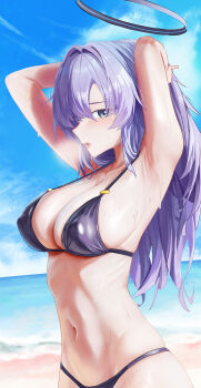 Rule 34 | 1girl, absurdres, armpits, arms behind back, arms up, beach, bikini, black bikini, blue archive, blue sky, breasts, breath, chinese commentary, cloud, commentary request, cowboy shot, day, grey eyes, hair intakes, halo, highres, horizon, jonathon zhang, large breasts, long hair, looking at viewer, looking to the side, mechanical halo, navel, ocean, open mouth, outdoors, parted bangs, purple hair, sideways glance, sideways mouth, sky, solo, standing, steam, stomach, string bikini, sweat, swimsuit, toned, toned female, yuuka (blue archive)