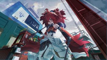 1girl absurdres ahoge animal_ears bare_shoulders bear_ears black_gloves breasts crop_top elinanoodles eyepatch fake_animal_ears fingerless_gloves gloves hair_between_eyes hair_ornament highres holding koleda_belobog long_hair looking_at_viewer midriff navel original pants red_eyes red_hair solo sphere_hair_ornament twintails zenless_zone_zero