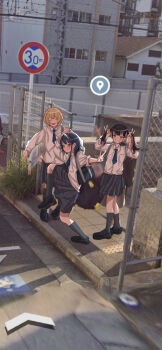 3girls absurdres aoki_ruri bag black_hair black_skirt black_socks blonde_hair blue_eyes blue_hair blue_necktie blush city closed_eyes closed_mouth gate google_maps hagiwara_yuka hands_up high_school_girls_posing_for_google_street_view_(meme) highres horns house kagura_(05410zura) kashiro_airi leg_up long_hair long_sleeves looking_at_viewer multicolored_hair multiple_girls necktie nervous_smile open_mouth pink_eyes pink_hair ruridragon school_bag school_uniform shirt shoes skirt smile socks twintails two-tone_hair v white_shirt