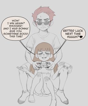 1boy 1girl barefoot child_gf_(orenji) commentary controller english_commentary english_text facing_viewer fang game_controller glasses highres long_hair lunarleo monochrome open_mouth original playing_games short_hair simple_background sitting skin_fang smile socks speech_bubble sunglasses sweat