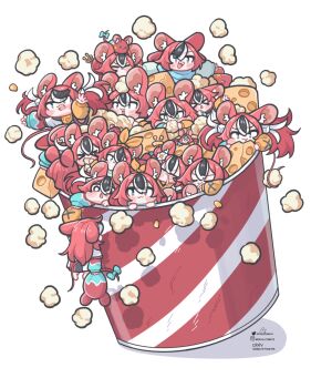 6+girls :3 :t animal_ear_fluff animal_ears bandana barefoot black_hair blue_bow blue_eyes bow cheese chibi clone closed_eyes commentary drooling eating english_commentary food hakos_baelz hololive hololive_english in_food instagram_username long_hair long_sleeves mini_person minigirl monja_(monja0521) mouse_ears mouse_on_head mouse_tail multicolored_hair multiple_girls open_mouth orange_bandana pixiv_username popcorn puffy_sleeves red_hair simple_background smile swiss_cheese tail tail_bow tail_ornament teeth triangle_mouth twintails twitter_username upper_teeth_only virtual_youtuber white_background white_hair