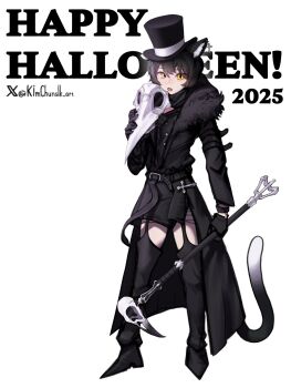 Rule 34 | 1girl, 2025, alternate costume, animal ear fluff, animal ears, artist name, black hair, cane, cat ears, cat girl, cat tail, dungeon meshi, full body, garter straps, happy halloween, hat, highres, izutsumi, kimchunsik, open mouth, plague doctor mask, pointy shoes, red scarf, scarf, shoes, short hair, simple background, slit pupils, solo, tail, top hat, twitter username, white background, yellow eyes