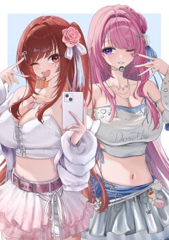 2girls absurdres bare_shoulders blush braid breasts cleavage collarbone commentary_request detached_sleeves dog_tags dorothy_(luna_light)_(nikke) dorothy_(nikke) earphones facial_mark flower goddess_of_victory:_nikke hair_bun hair_flower hair_ornament half_crown_braid headset heart heart_facial_mark heart_pendant highres holding holding_phone idol jacket jewelry large_breasts long_hair looking_at_viewer midriff multiple_girls navel necklace official_alternate_costume one_eye_closed phone pink_hair pink_skirt purple_eyes rapi_(nikke) rapi_(red_hood)_(nikke) rapi_(red_hood)_(shining_light)_(nikke) red_eyes red_hair ribbon selfie shupita silver_skirt simple_background single_side_bun skirt smile strapless tank_top tube_top very_long_hair white_background white_jacket white_tank_top white_tube_top