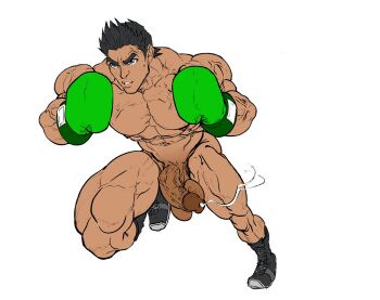 1boy bara black_hair boxing_gloves commentary cum english_commentary erection flat_color full_body highres large_pectorals little_mac male_focus mb_artblog muscular muscular_male nintendo nipples nude parted_lips pectorals penis punch-out!! short_hair simple_background solo testicles veins veiny_penis white_background