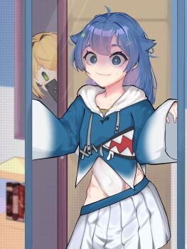 2girls :3 black_hair blonde_hair blue_hair blue_shirt bright_pupils cellphone collarbone commentary cosplay covered_navel dooby drawstring english_commentary gawr_gura gawr_gura_(cosplay) gradient_clothes green_eyes hair_ornament hands_up highleg highleg_leotard highres hololive hololive_english hood hood_down hooded_shirt indie_virtual_youtuber leotard long_hair long_sleeves mirror multiple_girls navel parted_lips phone pleated_skirt popapo senzawa shirt short_hair skirt smartphone star_(symbol) star_hair_ornament sweat taking_picture virtual_youtuber voice_actor_connection white_hair white_leotard white_pupils white_shirt white_skirt x_hair_ornament