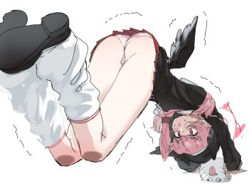 1girl ab_roller ass black_shirt black_shoes black_wings blue_archive blush exercising foreshortening from_behind full_body halo hato_haru head_wings kneehighs koharu_(blue_archive) loli long_sleeves looking_at_viewer low_wings medium_hair miniskirt neckerchief open_mouth panties pantyshot pink_eyes pink_hair pink_halo pink_neckerchief pink_panties pleated_skirt sailor_collar school_uniform serafuku shirt shoe_soles shoes simple_background sketch skirt socks solo sweat thigh_strap thighs top-down_bottom-up trembling twintails underwear white_background white_sailor_collar white_socks wings