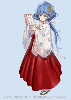 1girl andou_shuki blue_eyes blue_hair bow brown_sandals closed_mouth copyright_notice hair_bow hakama highres holding holding_paper japanese_clothes long_hair looking_at_viewer official_art paper piruluk ponytail red_hakama sandals shirt smile solo talisman white_bow white_shirt wixoss