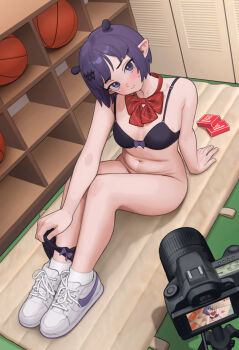 1girl absurdres arm_support ball basketball_(object) black_bra black_panties blush bow bow_bra bow_panties bowtie bra breasts camera commentary condom_box english_commentary fingernails full_body gym_storeroom hair_ornament head_tilt highres hololive hololive_english indoors lentiyay mat medium_breasts mole mole_under_eye multicolored_shoes navel nervous ninomae_ina&#039;nis official_alternate_hair_length official_alternate_hairstyle on_floor panties pointy_ears purple_eyes purple_hair recording red_bow red_bowtie shoes short_hair socks solo stomach sweatdrop underwear undressing virtual_youtuber white_shoes white_socks