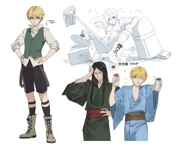Rule 34 | 2boys, absurdres, annoyed, black hair, black kimono, black shorts, black socks, blonde hair, blue eyes, blue kimono, boots, bottle, brown boots, brown sash, bucket, commentary request, fallen down, fate/strange fake, fate (series), flat escardos, green vest, hand on own head, hand on own hip, hands on own hips, highres, holding, holding bottle, japanese clothes, kimono, korean commentary, korean text, lace-up boots, lord el-melloi ii, male focus, mop, multiple boys, multiple views, obi, one eye closed, partially colored, pinstripe kimono, pinstripe pattern, potato goril, red sash, sash, shirt, shorts, simple background, socks, spoken squiggle, squiggle, sweat, teacher and student, tongue, tongue out, vest, waver velvet, white background, white shirt, yukata