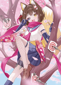 1girl ;d absurdres animal_ear_fluff animal_ears armpit_crease back_bow blue_archive blue_skirt blush bow brown_hair brown_shoes cherry_blossom_print cherry_blossoms commentary_request elbow_gloves fang fishnet_thighhighs fishnets floral_print fox_ears fox_girl fox_tail gloves hair_ornament halo highres holster in_tree izuna_(blue_archive) japanese_clothes kimono knee_up kunai loafers looking_at_viewer neckerchief one_eye_closed open_mouth partially_fingerless_gloves pink_halo pink_kimono pink_neckerchief pink_scarf pleated_skirt pom_pom_(clothes) pom_pom_hair_ornament print_kimono prock sailor_collar scarf school_uniform serafuku shirt shoes short_hair sitting sitting_in_tree skin_fang skirt sleeveless sleeveless_shirt smile solo tail target thigh_holster thighhighs tree v v_over_eye weapon white_serafuku yellow_bow yellow_eyes