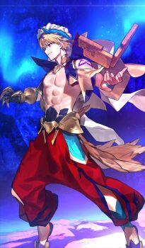 Rule 34 | 1boy, arabian clothes, armor, axe, bare shoulders, battle axe, blonde hair, blue background, blue vest, book, chain, closed mouth, clothing cutout, commentary request, cropped vest, dingir (fate), double-parted bangs, earrings, fate/grand order, fate (series), feathers, floating, floating book, floating object, game cg, gauntlets, gem, gilgamesh, gilgamesh (caster) (fate), gilgamesh (fate), ginka sima, gold armor, gold collar, hair between eyes, hair ornament, hand up, hip vent, jewelry, legs apart, male focus, no shirt, official art, open clothes, open vest, outstretched arms, pants, popped collar, puffy pants, purple gemstone, red eyes, red pants, short hair, short sleeves, shoulder cutout, shoulder tattoo, single gauntlet, smile, solo, standing, tattoo, third-party source, toned, toned male, veil, vest, weapon, white turban, white veil, wide sleeves